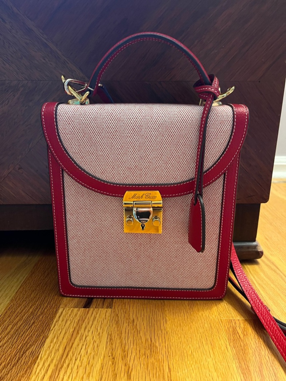 Mark Cross Uptown Bag small red linen leather trim crossbody top handle shoulder